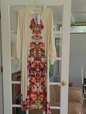Soft Surroundings Cream Maxi Dress with Floral Center Panel